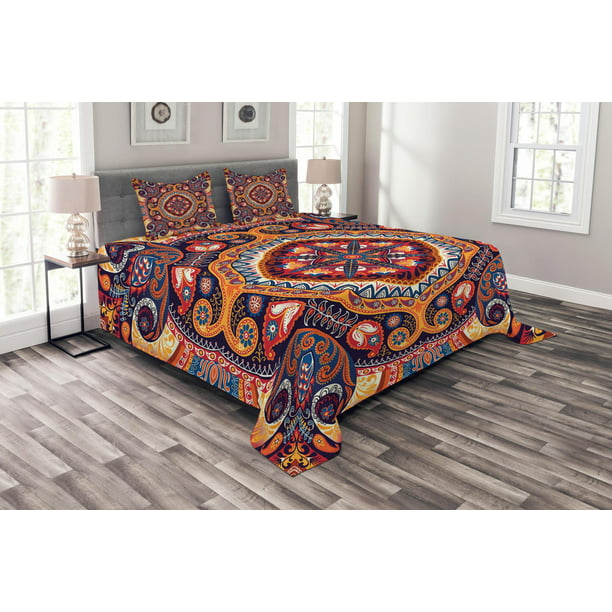 Leaf Quilted Bedspread & Pillow Shams Set Orange Arabian Mandala Print 